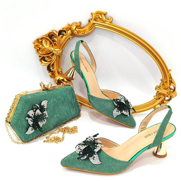 Nuevo diseño italiano de zapatos y bolsos de mujer D.Green con cortes de diamantes de imitación brillantes