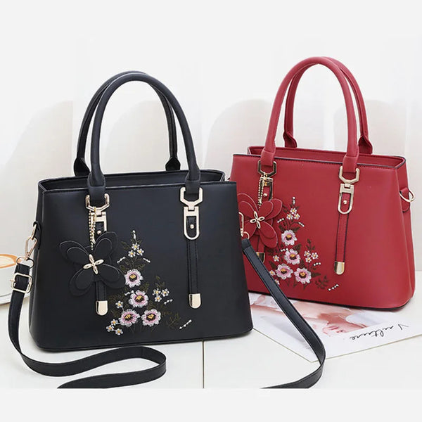 Office High Quality Leather Satchel Solid Color Embroidery Flower Fashion Single Shoulder Crossbody Bags