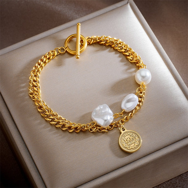 316L Stainless Steel Gold Color 2-Large Pearl Coin Charm Bracelet For Women