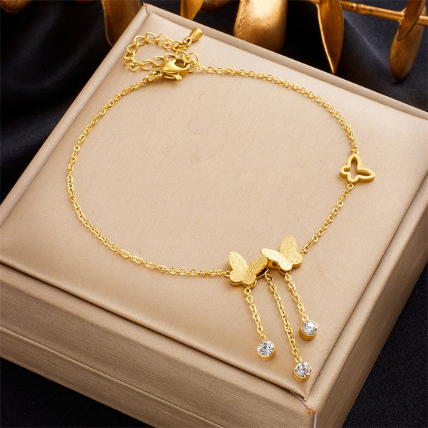 316L Stainless Steel Butterfly Zircon Charm Anklets For Women