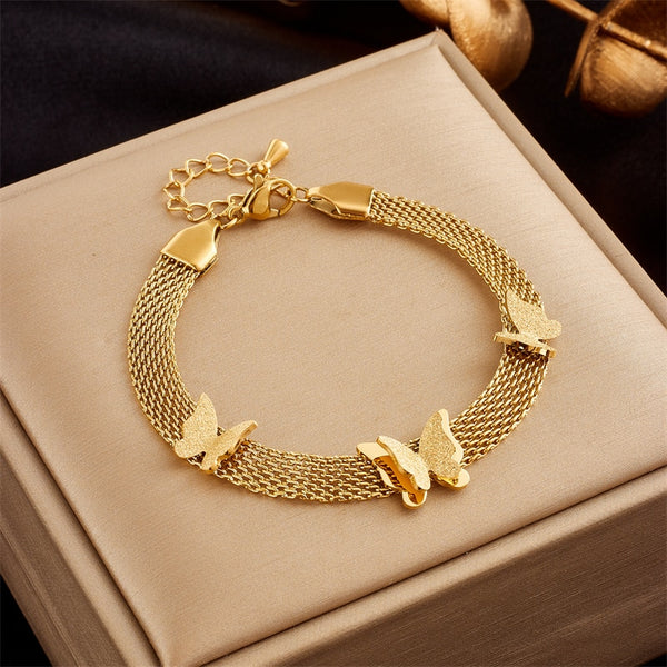 316L Stainless Steel Wide Web Chain Butterfly Charm Bracelet For Women