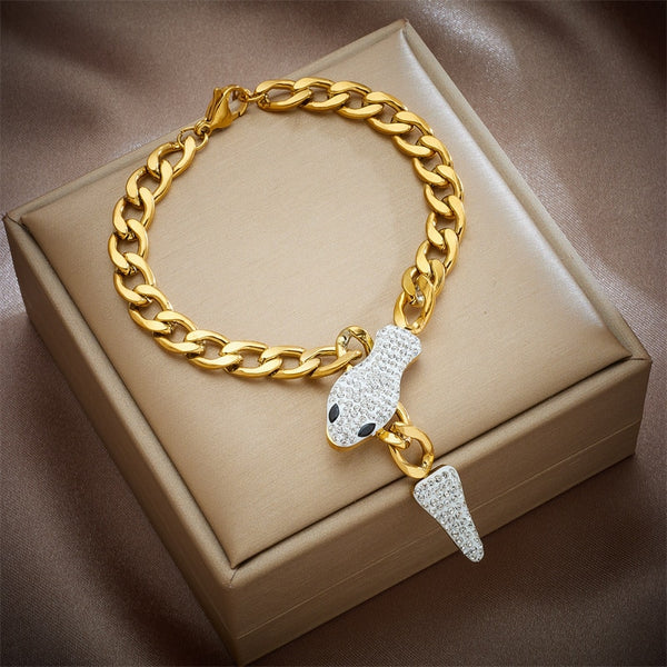 316L Stainless Steel Rhinestone Snake Charm Bracelet For Women