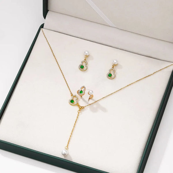 4PCS Sets Exquisite Pearl Rhinestone Necklace Earrings Ring Jewelry Set