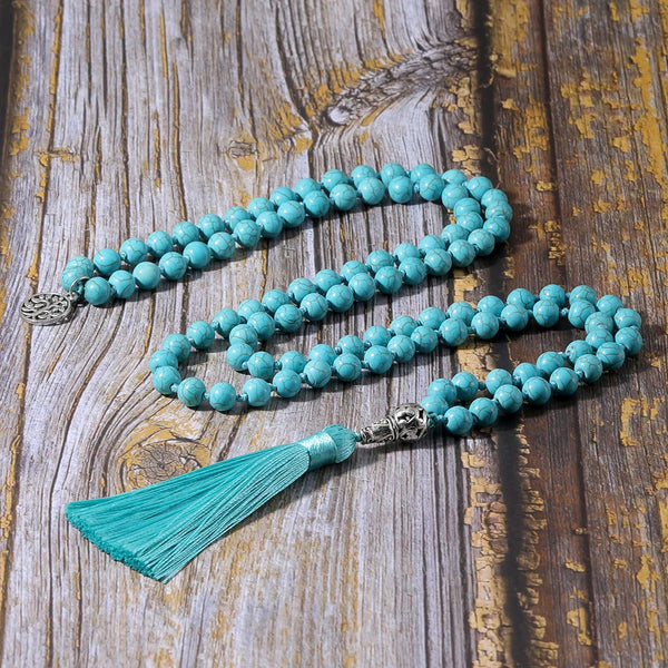 Collar Mala 108 con cuentas de turquesa azul de 8 mm anudadas para meditación, yoga y oración.