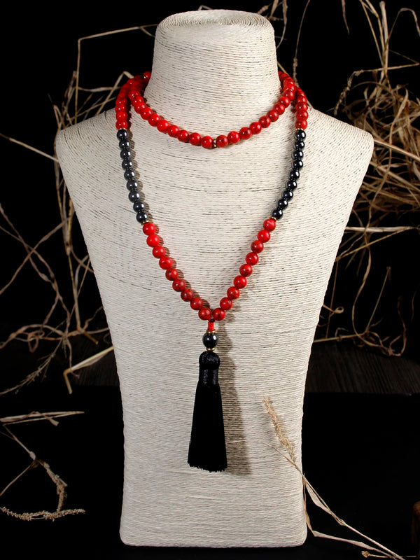 Collar de oración de 108 cuentas de piedra de pino coreano natural rojo, collar de mala con cuentas de meditación