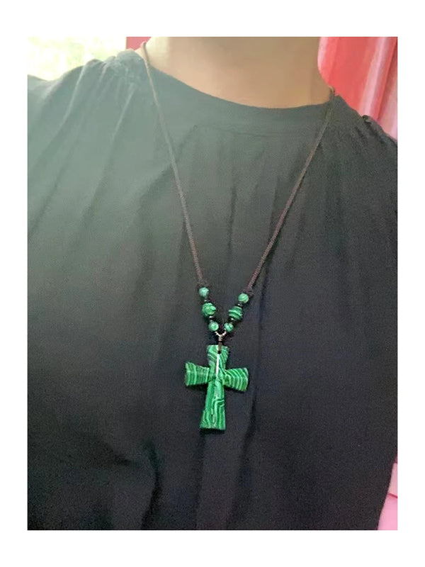 Collar con colgante de cruz de malaquita, collar de cuerda tejida para mujer