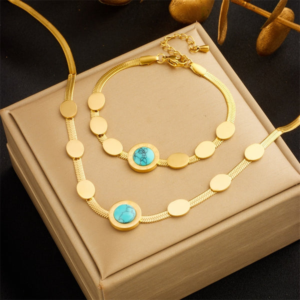 316L Stainless Steel Round Roman Numerals Blue Stone Necklace Bracelet For Women