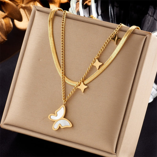 316L Stainless Steel Multilayer Butterfly Pendant Necklace For Women