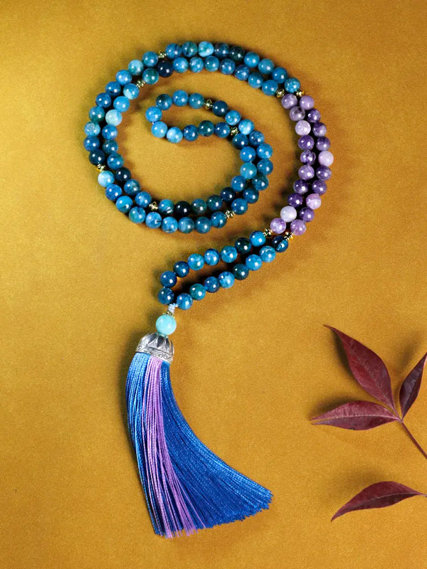 Collar Japamala 108 Mala, collar de piedra natural apatita de 8 mm, collar mala azul cuentas de rosario