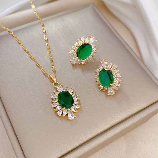 Collar y pendientes de acero inoxidable 316L con dije de flores de cristal verde para mujer