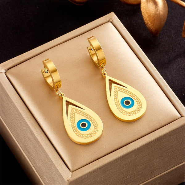 Pendientes de aro de acero inoxidable 316L con forma de gota de agua y ojos para mujer