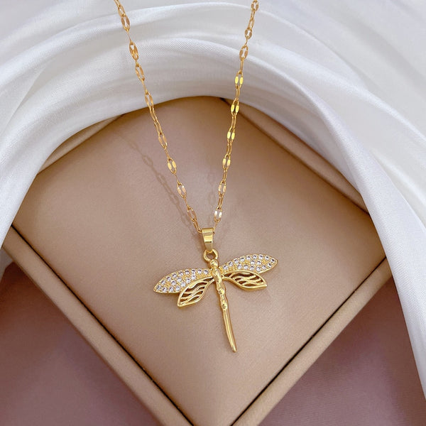 316L Stainless Steel Personality Dragonfly Pendant Necklace For Women