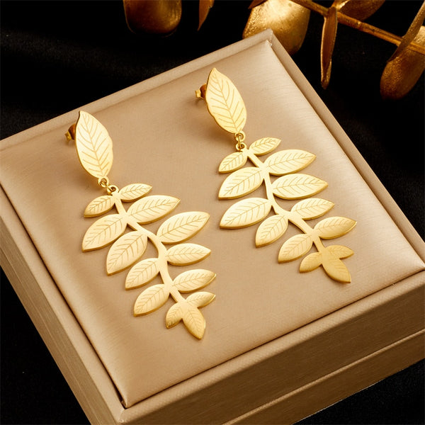Pendientes colgantes de hojas de acero inoxidable 316L color dorado para mujer