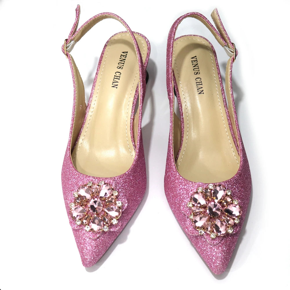 Summer Italian Latest Design Ladies Luxury Rhinestone Med Heels Shoes and Bag Set