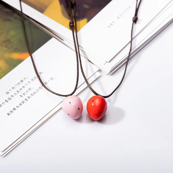 Ceramic Pink Strawberry Necklace Jewellery Porcelain Jewelry Pendant Handmade For Women