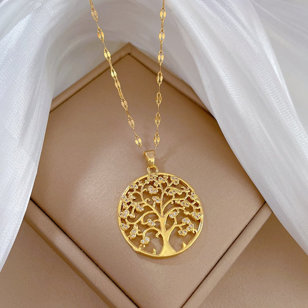 Collar con colgante de árbol de acero inoxidable 316L color dorado para mujer