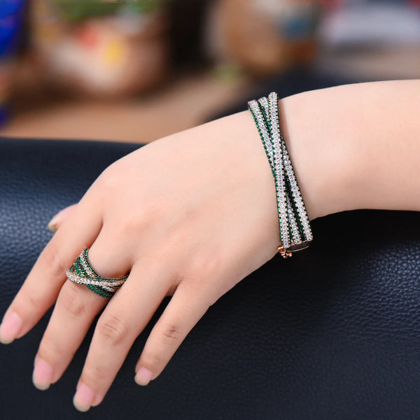 New 2PCS Romantic Luxury Shiny Green Pink Bangle Ring Set For Women