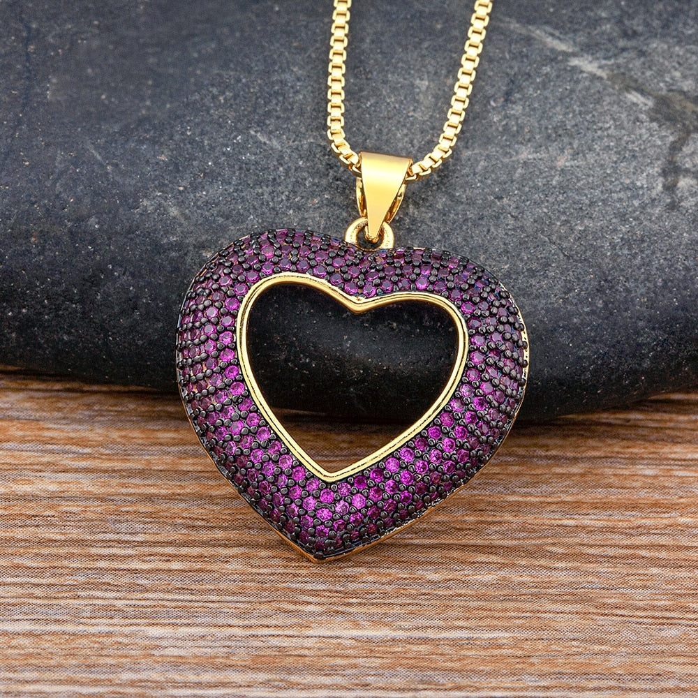 Top Quality 4 Colors Heart-Shaped Hollow Crystal Zircon Pendant Gold Chain Necklace Women