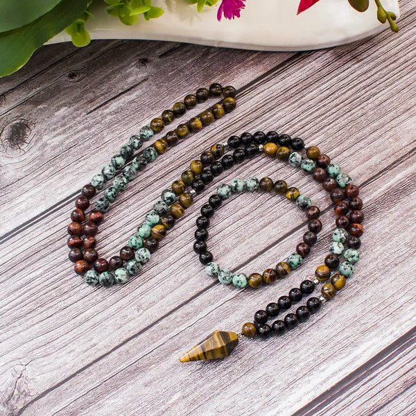 Collar Mala 108 con cuentas de turquesa africana de ónix negro de 8 mm para meditación, yoga y oración.