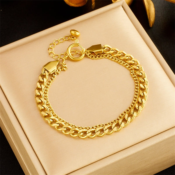 316L Stainless Steel 2 Layer Gold Color Thick Chain Bracelet For Women