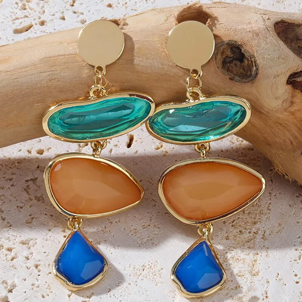 Pendientes largos bohemios elegantes con cristales geométricos para mujer