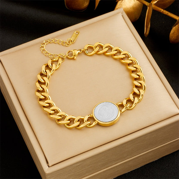 316L Stainless Steel Round Portrait Coin Charm Bracelet For Women