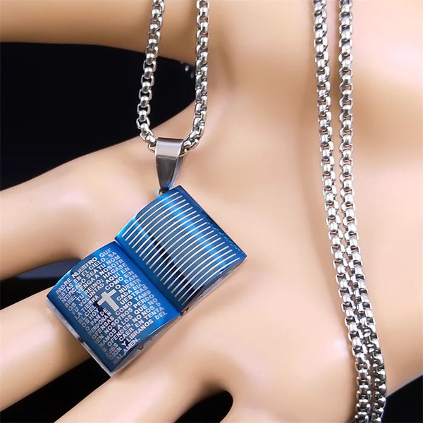 Collar con cruz azul con proyección de versículos bíblicos y oración en español para mujeres y hombres