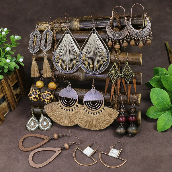 Pendientes de cuentas de madera con borlas étnicas bohemias para mujer
