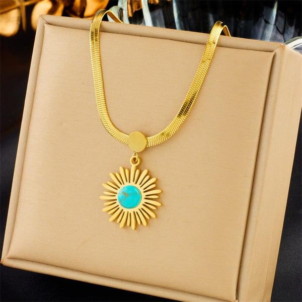 316L Stainless Steel Blue Stone Flower Pendant Necklace For Women
