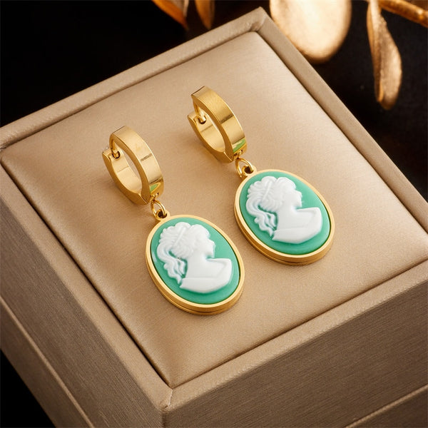 316L Stainless Steel Oval Green White Portrait Figure Pendant Earrings For Women