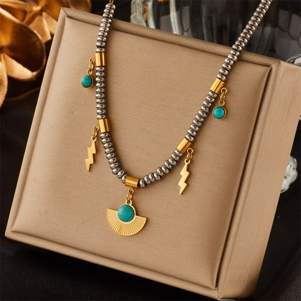 316L Stainless Steel Boho Green Stone Necklace For Women