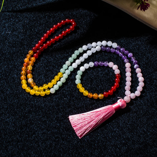 Collar de meditación de 7 chakras con cuentas de jade blanco, amatista y cuarzo rosa de 8 mm, 108 Mala