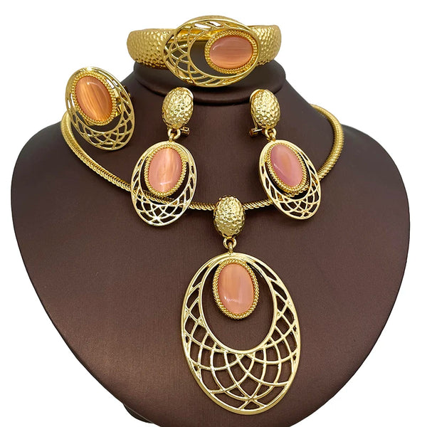 Pendientes elegantes para mujer, conjunto de anillo y brazalete con colgante de ópalo redondo