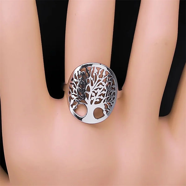 Anillo vikingo vintage con árbol de la vida, de acero inoxidable, ajustable, para hombres y mujeres.