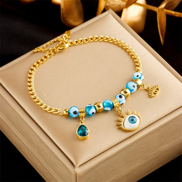 316L Stainless Steel Blue Eyes Crystal Charm Bracelet For Women