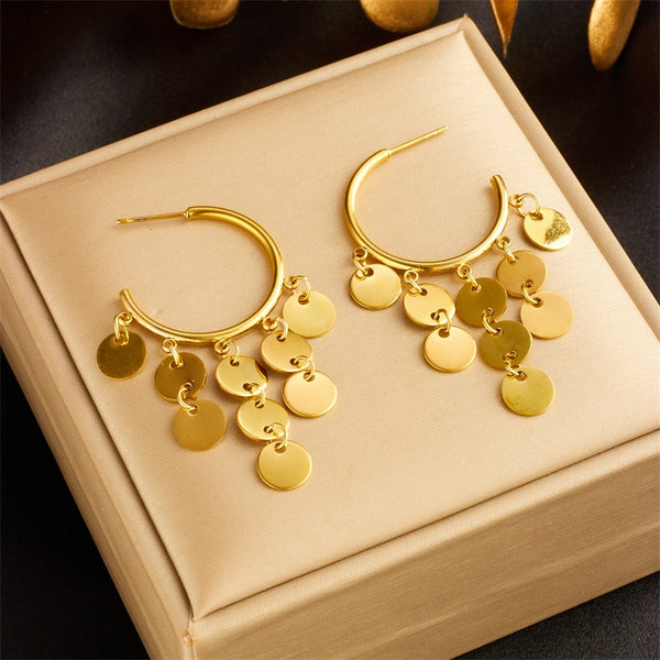316L Stainless Steel Small Round Piece Tassel Earrings For Women