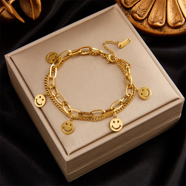 316L Stainless Steel Gold Color 2 Layer Smile Charm Bracelet For Women
