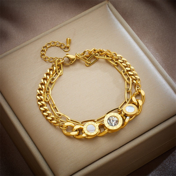 316L Stainless Steel Roman Numeral Zircon Charm Bracelet For Women