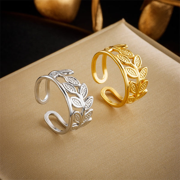 Anillo de hojas de planta de acero inoxidable 316L color dorado y plateado para mujer