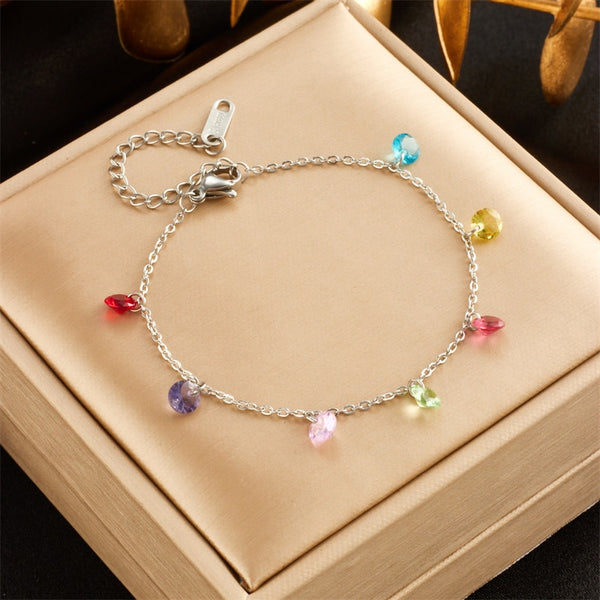 Pulsera de acero inoxidable 316L con dije de cristal de circón colorido para mujer