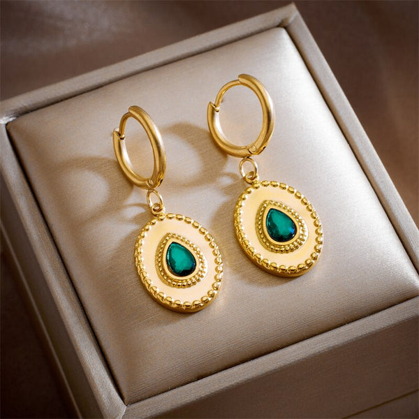 316L Stainless Steel Oval Drop Shaped Green Zircon Hoop Earrings For Women