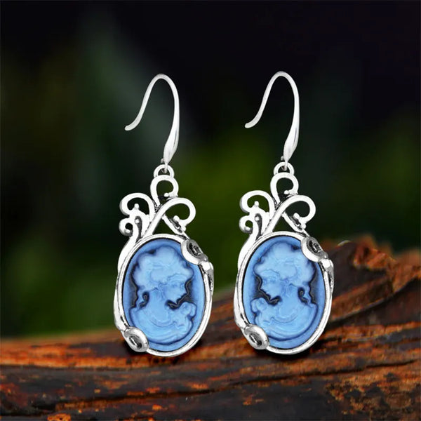 Pendientes colgantes vintage ovalados con camafeo de reina para mujer