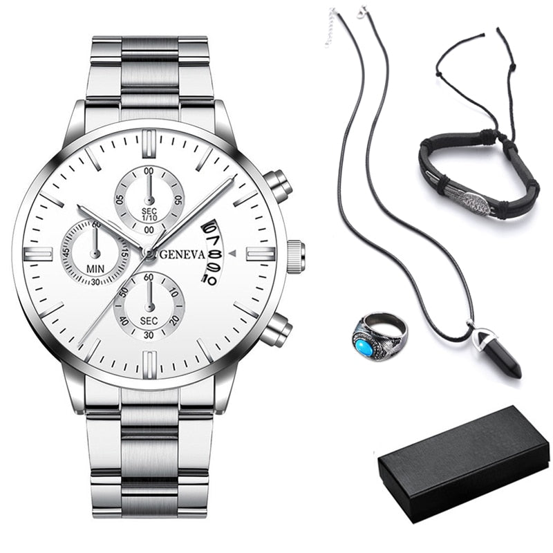 5pcs Set Fashion Men Stainless Steel Watch Luxury Calendar Quartz Wrist Watch