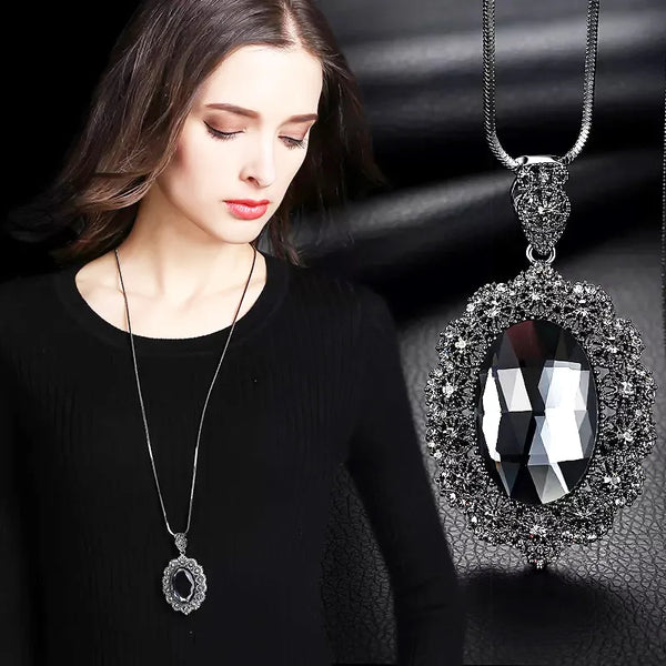 Collar largo con colgante de circonita cúbica gris ovalada con diseño de encaje vintage para mujer