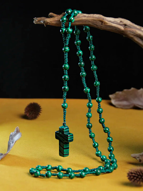 6mm Malachite Christ Rosary Necklaces Natural stone Cross Pendant Necklace