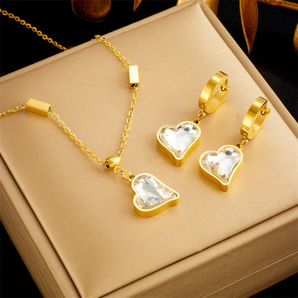 316L Stainless Steel Heart-Shaped Zirconia Crystal Pendant Necklace Earrings Jewelry Set For Women