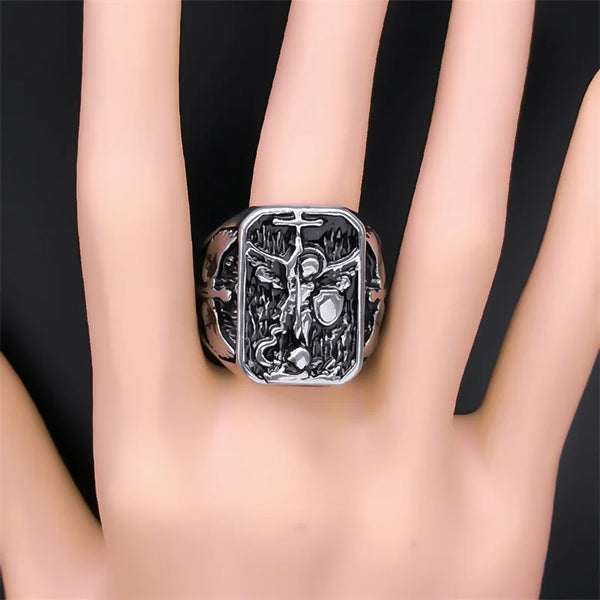 Anillo vintage con alas de ángel del Arcángel San Miguel para mujer y hombre