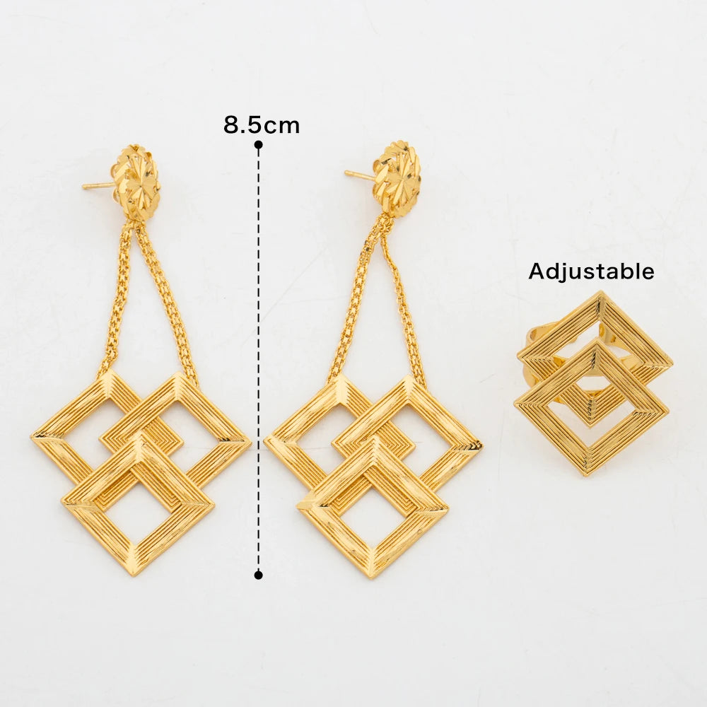 Trend Round Jewelry Set for Women African Dubai Gold Color Earrings Ring Set