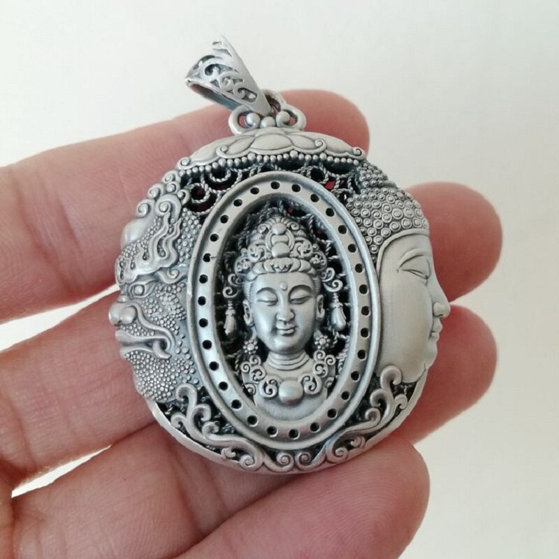 Real S925 Silver Carved Hollowed Three-faced Buddha Necklaces Pendant for Men Women