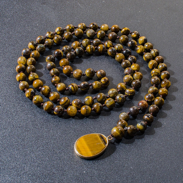 Collar Mala 108 con nudo de cuentas de ojo de tigre amarillo de 8 mm, joyería para meditación, yoga y oración, colgante de ojo de tigre